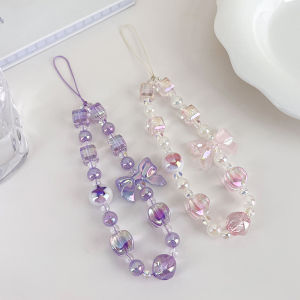 Sweet Pastel Purple Candy Bead Butterfly Knot mid Bead Mobile Phone Chain Female Style Beaded Lanyard Digital Accessories