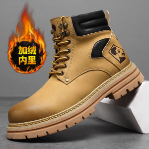 KJ Genuine Leather Thick Bottom Martin Boots Mens High Top Fleece Lined Anti-Slip Workwear Shoe Style New Chinese Versatile Large Yellow Boot
