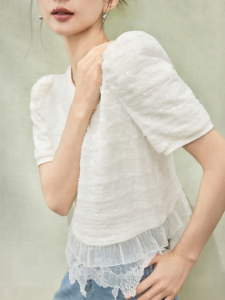 SUSHE | Romantic French Style Lace And Chiffon Spliced Puffed Sleeves Womens Top