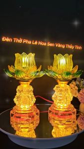 Đèn Thờ Pha Lê Hoa Sen Vàng Thủy Tinh CHÂN THIỆN MỸ Đèn Bàn Thờ Trang Trí Bàn Thờ