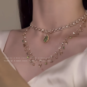 Mint Girl Double Layered Green Pendant Necklace Womens Fashion Jewelry Summer Clavicle Chain Alloy Plated Silver Cross Chain