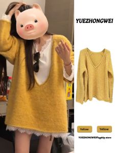 YUEZHONGWEI | Yellow V-Neck Roll Edge Autumn Winter Lazy Style Mid-Length Knit Sweater