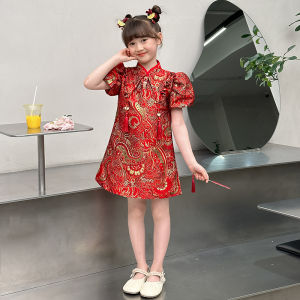 New Chinese Style Red Cheongsam Dress Childrens Performance Costume Girls Summer Fashion Show Outfit Sweet Princess Fit Bubble Sleeve Dress
