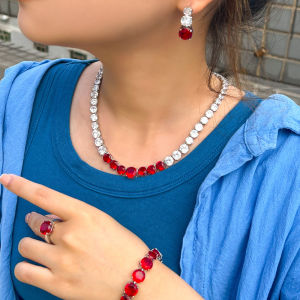 SEQUITO Trendy Luxury 4Pcs Jewelry Silver Plated Full Pave Setting White Red Round AAAAA Cubic Zirconia High Grade Bridal Wedding Necklace Earrings Bracelet Ring Set SJ274