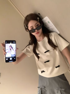 เสื้อยืดแขนสั้นลําลองลมสลิมฟิตสําหรับผู้หญิง FF สีฟ้า Ulong การออกแบบโฟมนมที่ถอดออกได้ปมผีเสื้อสีขาวด้านบน