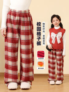 Girls Fleece Lined Wide Leg Pants Winter Wear Childrens Red Zodiac Woolen Plaid Trousers for Big Kids New Years Festive Clothes