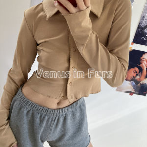 Retro Versatile Slim Fit Solid Color Thickened Short Collar Lace Single Button Long Sleeve T-Shirt Open Cardigan Womens Fashion