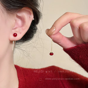 Hoa Tai Tua Rua Ngọc Trai Đỏ Rượu Vang Cho Nữ Thời Trang Sang Trọng Trang Sức Mới Năm Mới Trang Trí Tai