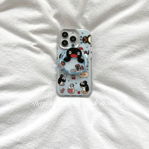Blue Diamond Pattern Cute Snowman Penguin Magnetic Attraction Phone Case for  17ProMax 16Pro Simple  Cartoon Style
