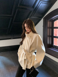 Short Padded Jacket White Stand Collar Womens Loose Style Waist Inward Coat Spring Autumn British Style Outwear