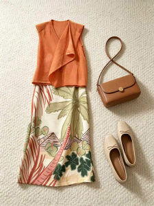DANTING | Trendy French Holiday Style Printed Summer Womens V-Neck Vest A-Line Skirt Suit