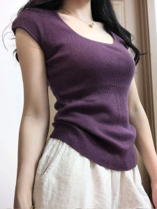 Áo Thun Tay Ngắn Màu Xanh Tím Thanh Lịch Cho Nữ Mùa Hè Áo Thun Cổ Chữ U Ôm Vừa Vặn Tay Lỡ Chất Liệu Lụa Lạnh Áo Thun Tay Ngắn