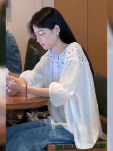 WANGGONGZHU | Fashionable Hollow Out Long Sleeve Womens Chiffon Top Loose Fit Sun Protection Thin Design Spring Autumn New Arrival