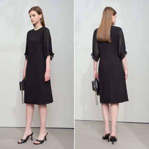 AMII | Minimalist Summer Dress Spliced Sheer Chiffon Sleeve Elastic Roman Fabric