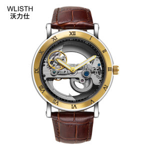 WLISTH Vintage Mechanical Watches Mens Original Steel Skeleton Automatic Watches Leather Mechanical Waterproof Luminous Watches