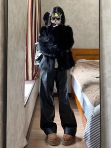 กางเกงหนัง PU ทรงตรงสีดำ ทรงหลวม กางเกงขายาวเอวสูงสำหรับผู้หญิง ทรงยาวถึงพื้น สไตล์เกาหลี ฤดูใบไม้ร่วง 2024