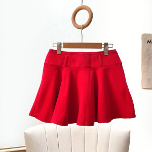 กระโปรงสั้นทรงเอผ้าขนสัตว์สีแดงสไตล์ย้อนยุคแบบลำลองสำหรับผู้หญิง ฤดูใบไม้ร่วง/ฤดูหนาว กระโปรงทรงเอเอวกลาง ปกติ