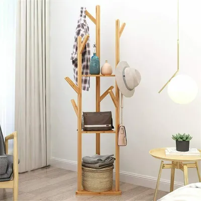 WISFOR Solid Wood Floor Standing Hat Coat Jacket Hanger Storage Stand with Umbrella Rack Tree Hall Stand