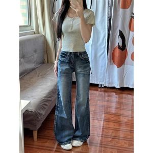 กางเกงยีนส์ทรงหลวมเอวสูงสไตล์ย้อนยุคสไตล์อเมริกันสำหรับผู้หญิง กางเกงขายาวทรงตรงทรงหลวม ทรงขากระบอกเล็ก ทรงเข้ารูป