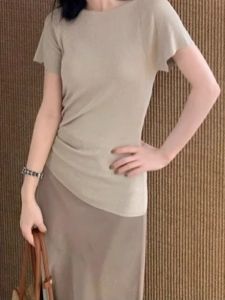 YUEZHONGWEI | French Style Ice Silk Knitted Short Sleeve T-Shirt Womens Waist Cinching Design Summer Top Commute Style Korean Version Slim Fit