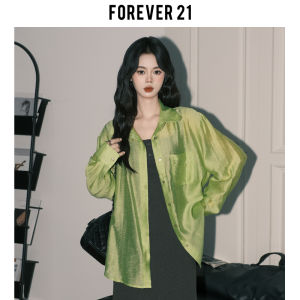 Forever 21 Casual Style Loose Fit Long Sleeve Womens Shirt Sun Protection Green Transparent Elegant Casual Fashion Top