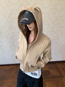 APOCKET | American Retro Stylish Short Waist Fit Suede Hooded Jacket