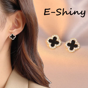 Lấp lánh màu đen bốn lá bông tai trang sức cỏ ba lá nữ Phụ nữ hợp thời trang Zircon Bông tai đinh tán hoa may mắn Bông tai Trang sức dự tiệc phụ kiện