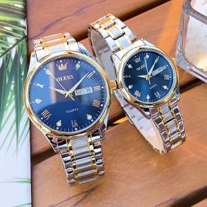 OLEVS resmi autentik jam tangan couple terbaru 2024 anti air elegan mewah berlian bercahaya kalender dial tali jam baja tahan karat