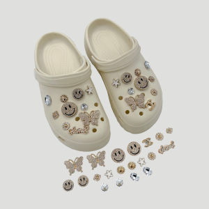 20Pcs Crocs Jibbitz Charms 3D Golden Butterfly Smiley Face Shoe Buckle Detachable Crystal Diamond Shoe Decoration for Crocs