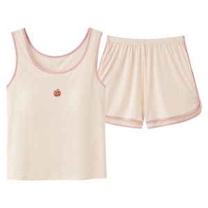 Miiow | Ice Silk Sleepwear Womens Sleeveless Hooded Vest Wide Strap Chest Pad Cover Side Breast Home Leisure Suit Round Neck Short Sleeve