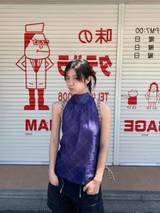 Retro Design Casual Top: Blue Purple Plaid Stand Collar Sleeveless Floaty Vest