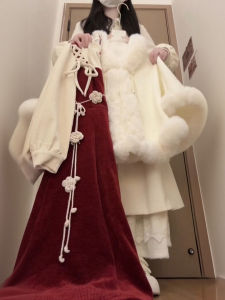 XUECAIQI | Style Velvet Cape Red Dress Three-Piece Set