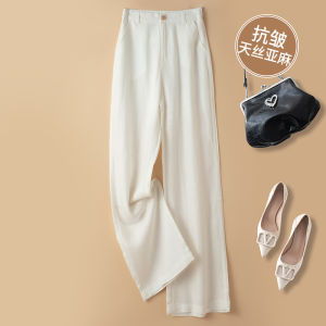 กางเกงขายาวทรงหลวมผ้าลินินลายทางสีชมพูสำหรับผู้หญิง กางเกงขายาวทรงตรงบางสบาย ๆ ระบายอากาศได้ดี ทรงหลวม ทรงสลิม ทรงหลวม