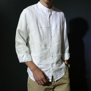 ผู้ชายผ้าลินินบริสุทธิ์เสื้อบางส่วนแขนยาว Casual Retro ล้างทําความสะอาดได้ Breathable ดูดซับความชื้นแฟชั่น City ชุดเยาวชน