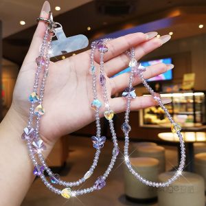 Long Travel Outdoor Crystal Butterfly Heart Dual Domain Phone Pendant Lanyard Beaded Mobile Phone Case Strap Sensation Ins Women Summer Freshness