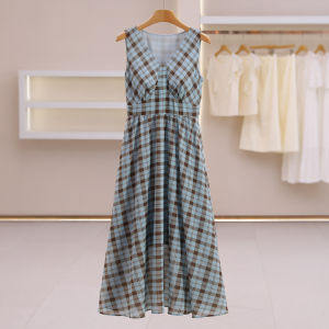 Sleeveless Slim Fit V-neck Plaid Dress