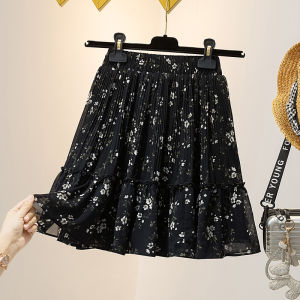 Summer 2023 plus Size Womens Floral Print Chiffon Half Skirt A-Line High Waist Short Gown Korean Style with Pleats And Lace Trim