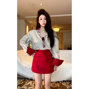 Váy Ngắn Chữ a Cạp Cao Màu Đỏ Phong Cách Retro Cho Nữ Mùa Thu Váy Ngắn Che Hông Chống Ánh Sáng Váy Ngắn