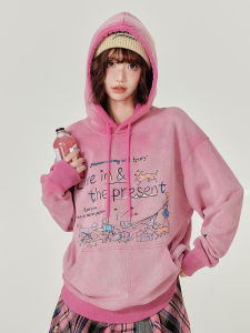Giryhalo | Áo Hoodie Nữ Phong Cách Vintage Mỹ Lót Nỉ In Hình Giặt Phai Cổ Điển Dáng Rộng