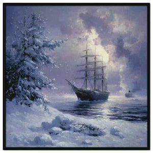 Tranh mùa đông phong cảnh tàu biển đánh cá trở về an toàn giữa lúc tuyết rơi.Tranh treo tường dán tường.CGI-1193