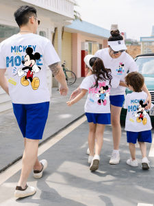 Klein Blue High End Cotton Family Matching Summer Shortsleeve Set for Mom Dad And Kids Boys Girls Cartoon Print Casual Wear