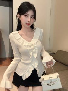 เสื้อสเวตเตอร์ถักคอวีแขนยาวสไตล์ฝรั่งเศสสำหรับผู้หญิงในฤดูใบไม้ร่วงและฤดูหนาว เสื้อชั้นในแขนยาวแบบมีฮู้ด ทรงหลวม แขนยาว คอวี แขนยาว แขนยาว