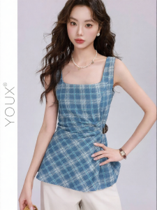 YOUXIANG | Áo Thun Hình Carô Cổ Vuông