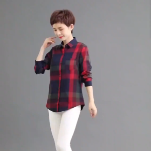 TTQQ Pure Cotton Plaid Polo Shirt for Women Long-sleeved Shirt Jacket