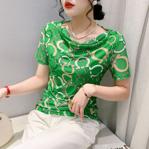 ทันสมัย เสื้อยืดแขนสั้นไหล่เดียวพิมพ์ลายเรขาคณิต ผู้หญิง สไตล์เดินทางเวอร์ชั่นเกาหลีความยาวแขนปกติ