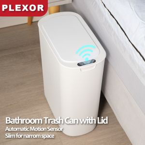 PLEXOR Automatic Motion Sensor Bathroom Trash Can with Lid 13L/25L Touchless Trash Bin Smart Plastic Slim Garbage Can Small White Wastebasket for Toilet Office Bedroom Living Room