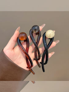 Retro Coffee Pearl One-Word Hair Clip Womens High-End Twist Hair Clip Back of Head Bun Maker Shark Clamp Hair Accessories