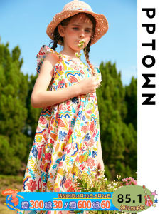 Summer New Floral Print Girls Dress Strap Vest Skirt Childrens Clothing Cotton Material Outdoor Activity Suitable Dress