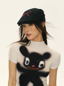 หมวกเบเร่ต์สไตล์อเมริกัน หมวกทรงปากเป็ด ผูกโบว์ผีเสื้อ หมวกปากเป็ด หมวกนักวาดภาพ หมวกทรงกลม หมวกแฟชั่นสำหรับผู้หญิง