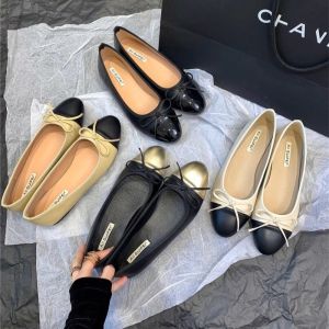 Womens round toe flat ballet shoes soft leather color matching boat shoe